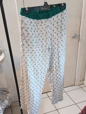 Women's Cream Floral Lounge Pants with Green Waistband